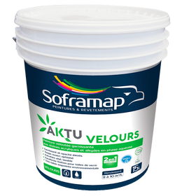 Peinture veloutée écologique Peinture impression finition Peinture lessivable classe 1 Peinture écologique intérieure Peinture durable salon cuisine Soframap AKTU velours Peinture 2 en 1 économique Peinture chantier vert Peinture veloutée nettoyable Peinture acrylique alkyde biosourcée