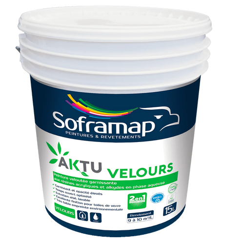 Peinture veloutée écologique Peinture impression finition Peinture lessivable classe 1 Peinture écologique intérieure Peinture durable salon cuisine Soframap AKTU velours Peinture 2 en 1 économique Peinture chantier vert Peinture veloutée nettoyable Peinture acrylique alkyde biosourcée