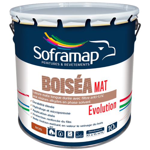 Lasure mate longue durée Protection bois UV Lasure bois extérieur intérieur Finition bois naturelle Lasure hydrofuge bois Entretien bois facile Lasure microporeuse Décoration bois durable Lasure anti-moisissure BOISEA MAT EVOLUTION