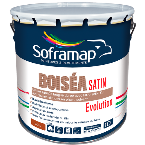 Lasure satinée longue durée Protection bois hydrofuge Lasure bois extérieur intérieur Finition satinée bois Lasure anti-UV bois Protection bois microporeuse Lasure bois élégante Entretien bois facile Lasure résistante intempéries BOISEA SATIN EVOLUTION