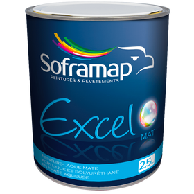 Peinture-laque mate intérieure Haute performance et esthétique Peinture durable pour murs Entretien facile et lavable Finition mate élégante Excel Mat Soframap Peinture acrylique polyuréthane Idéal pour rénovation intérieure Rendement élevé et application aisée Protection et décoration murale