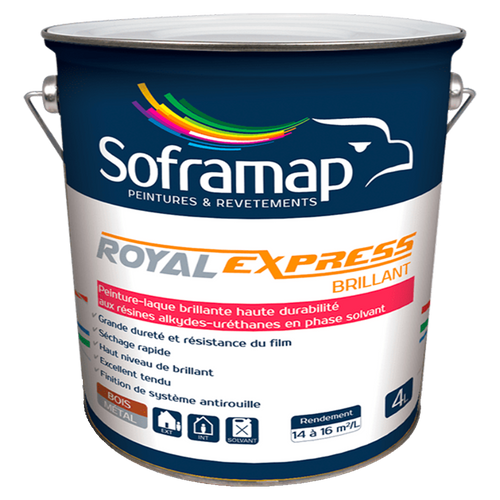 Peinture-laque brillante durable Séchage rapide peinture brillante Brillant élevé finition lisse Peinture résistante chocs rayures Application polyvalente peinture-laque Royal Express Brillant esthétique Protection décoration métal bois Finition professionnelle peinture brillante Peinture alkydes-uréthanes solvant Solution tout-en-un peinture brillante