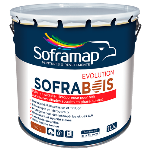 Peinture boiseries satinée Protection bois intempéries U.V. Peinture impression finition bois Durabilité peinture bois extérieur Finition satinée boiseries Sofrabois Evolution multicouche Peinture microporeuse bois Rénovation boiseries qualité Protection décorative bois Peinture alkyde souple bois