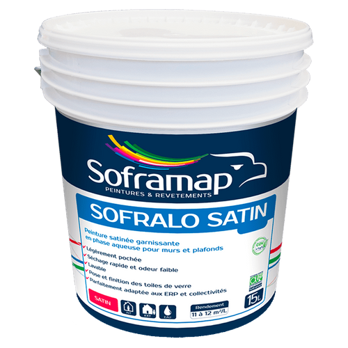 Peinture satinée garnissante Finition satinée murs plafonds Peinture séchage rapide faible odeur Peinture lessivable haute résistance Solution peinture ERP collectivités Sofralo Satin qualité supérieure Peinture intérieure élégante durable Peinture aqueuse environnementale Rénovation décoration intérieure Peinture satinée polyvalente