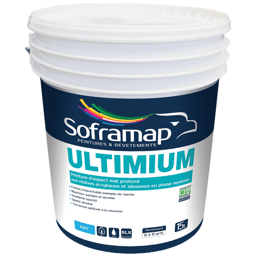 Peinture mat profond intérieur Finition élégante murs plafonds Peinture acrylique siloxane durable Ultimium haute opacité Peinture lavable classe 1 Application uniforme sans reprise Peinture écologique faible COV Décoration intérieure sophistiquée Rénovation durable et esthétique Peinture haut de gamme intérieure