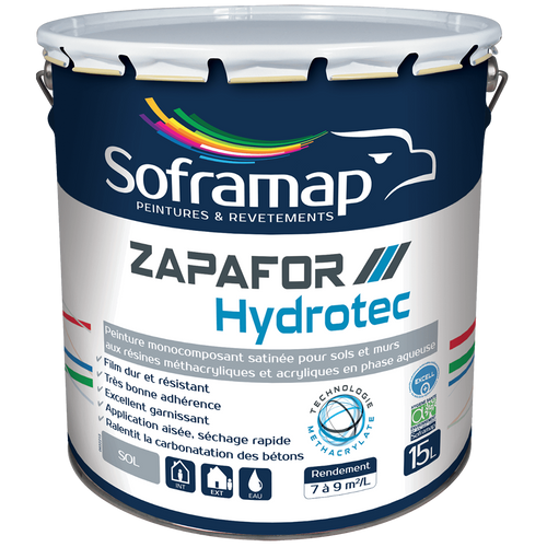 Peinture sols résistance supérieure Zapafor Hydrotec polyvalence utilisation Application facile peinture sol Label Excell Plus qualité garantie Finition satinée sols esthétiques Protection durable sols intérieurs extérieurs Peinture phase aqueuse écologique Rénovation sols aspect moderne Peinture sols trafic léger Solution esthétique protection sols
