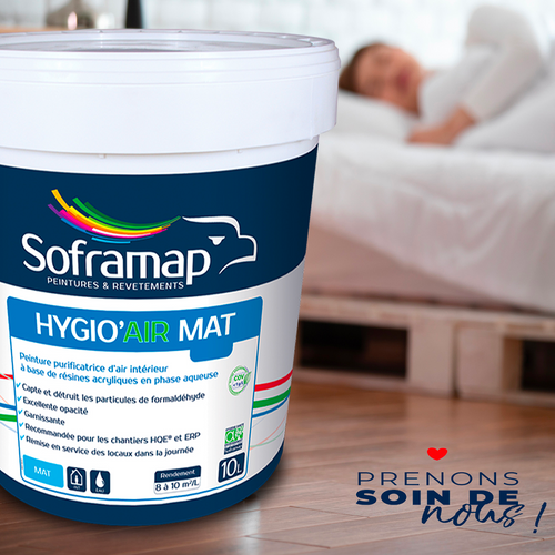 Peinture purificatrice d'air Finition mate élégante Amélioration qualité air intérieur Peinture haute opacité Peinture écologique intérieure Hygio'Air Mat Soframap Peinture dépolluante formaldéhyde Peinture rapide séchage Peinture pour chantiers HQE Peinture saine pour ERP